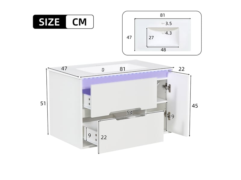 Meuble sous vasque de salle de bain avec 2 tiroirs, 1 porte, étagères réglables, led et lavabo céramique pour salle de bain - Conforama E