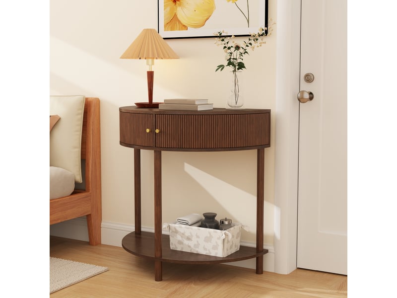  Table basse - console en forme de croissant, décor en bois brun noyer en mdf avec laque uv avec motif ondulé 3d réalisé à la main  - Conforama D