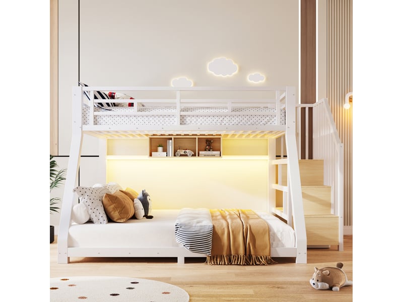  Lit superposé 90 × 200 cm et 140 × 200 cm avec led, 3 rangements, escalier de rangement, sans matelas, blanc  - Conforama B