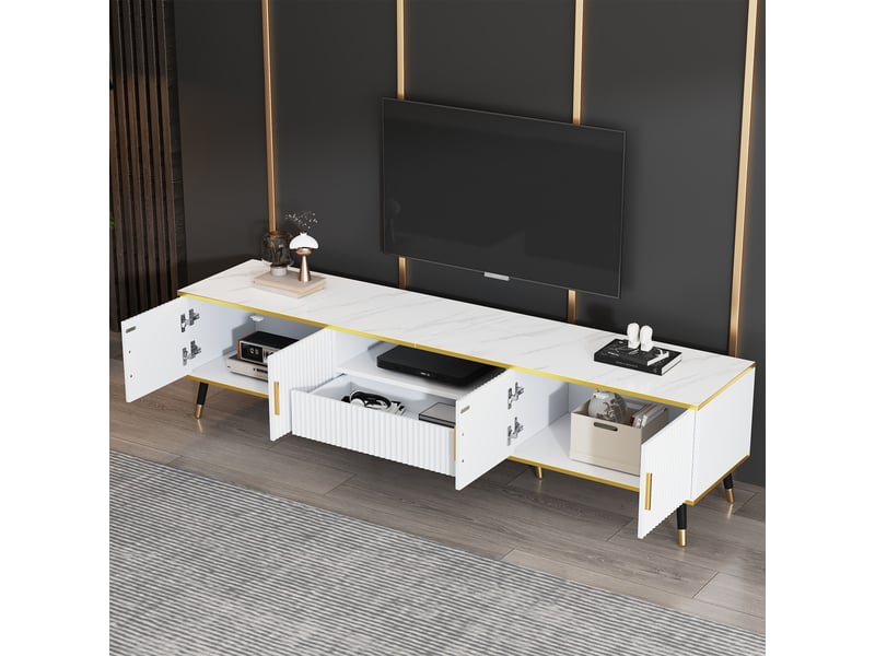  Meuble tv moderne 200x40x46 cm effet marbre, 2 portes, 1 tiroir, rangements, tv jusqu'à 90 pouces  - Conforama B