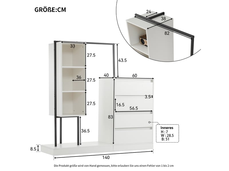 Meuble de rangement avec 4 tiroirs, 3 niches ouvertes et penderie pour chambre ou entrée, blanc, 100 × 40 × 135 cm  - Conforama D