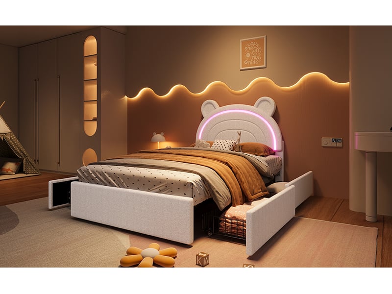  Lit enfant capitonné 90x200 cm beige velours tête de lit ours 4 tiroirs éclairage led via app charge 220 kg Sol Morn - Conforama D