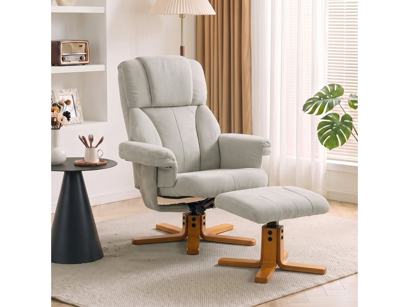 Fauteuil relax inclinable avec repose-pieds assorti bois verni flanelle blanc cassé - Conforama D