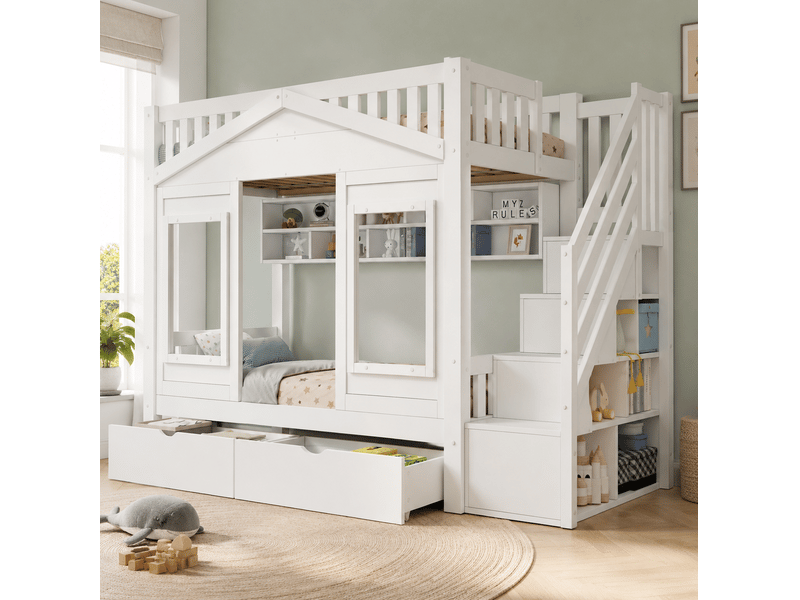 Lit mezzanine enfant 90 × 200 cm 1 place avec escalier de rangement, tiroir et barrières, sans matelas, blanc - Conforama B