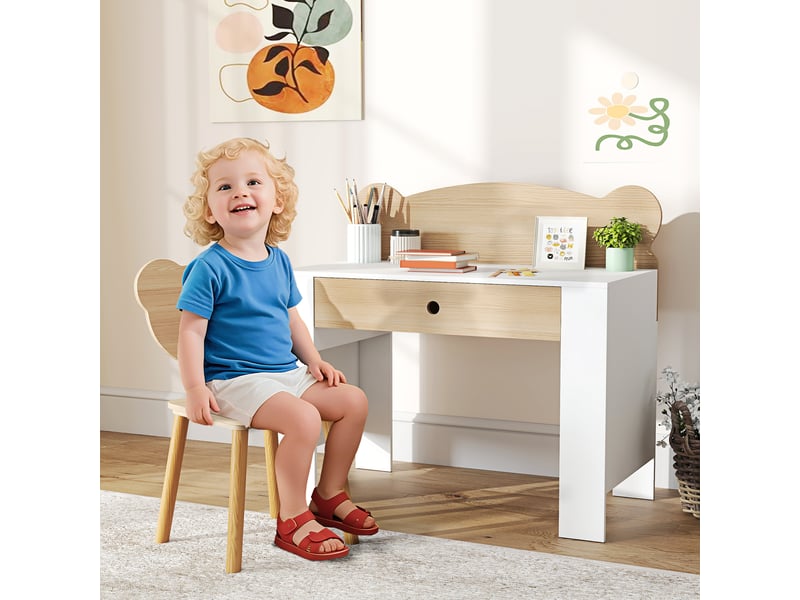  Ensemble bureau enfant, table et chaise en forme d'ours, tiroir, pour écrire et bricoler, 3-8 ans, bois naturel  - Conforama B