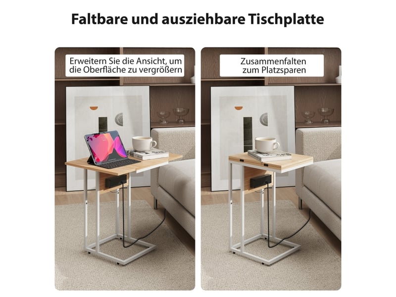  Table d’appoint pliable extensible avec station de charge - lpospi - bois et métal blanc, 39 × 29 × 57 cm  - Conforama E