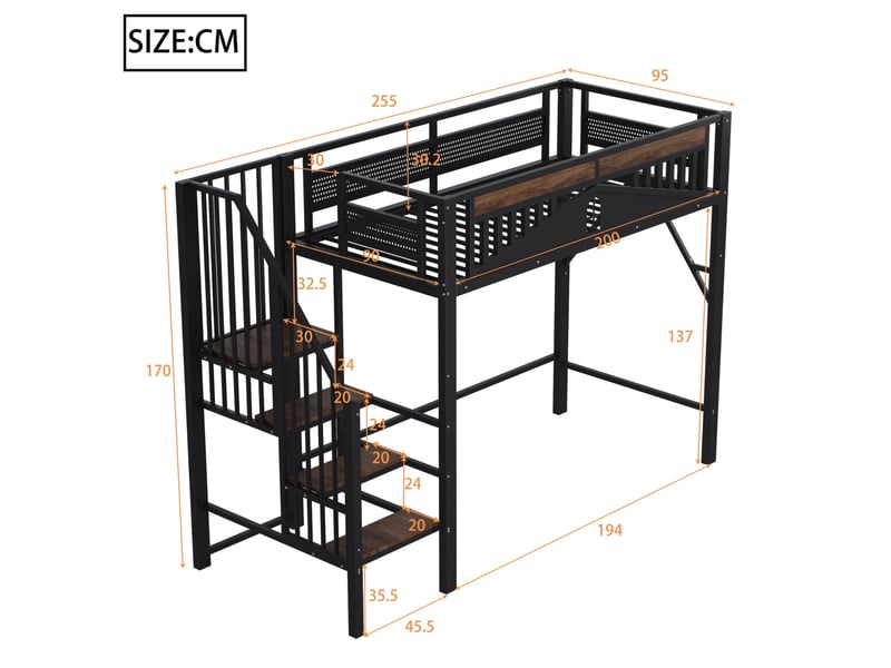  Lit mezzanine 90x200 cm échelle sécurisée et rangements en métal et bois noir  - Conforama E