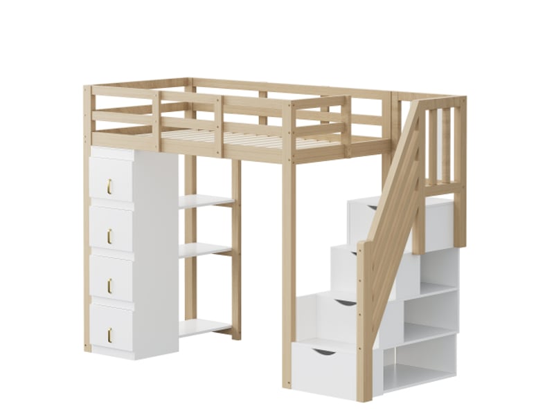  Lit mezzanine 90x200 cm, lit enfant avec escalier de rangement, sécurité et 4 tiroirs, en bois, naturel et blanc, sans matelas  - Conforama D