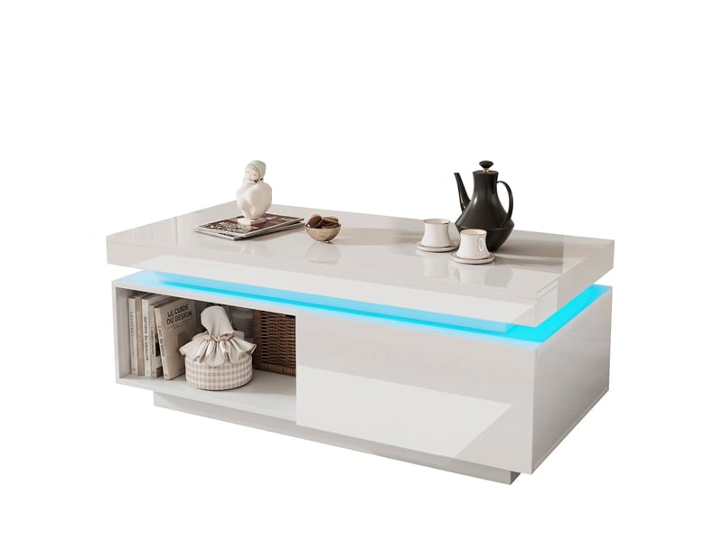  Table basse blanche brillante avec éclairage led et tiroir, 100x50x40,3 cm, en panneau de particules, blanc  - Conforama A