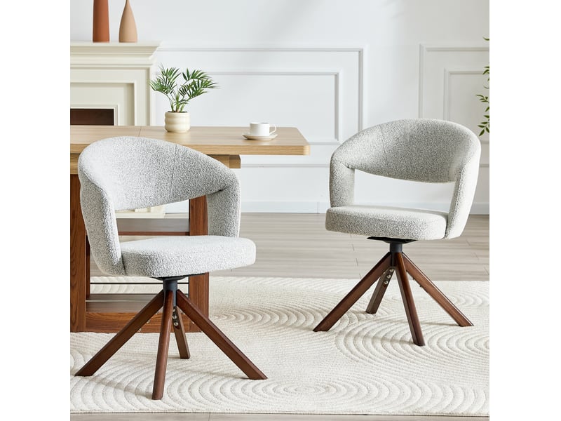  Lot de 2 chaises de salle à manger pivotantes rétro en tissu texturé gris clair et bois couleur noyer  - Conforama D