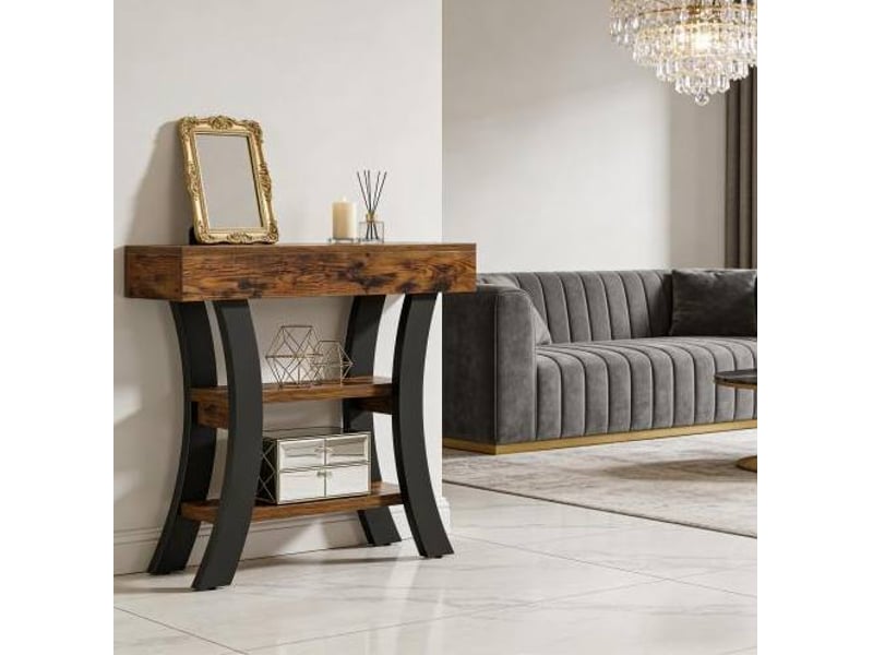  Table console 105x30x80 cm trois surfaces de rangement mdf et métal noir et marron rustique  - Conforama B