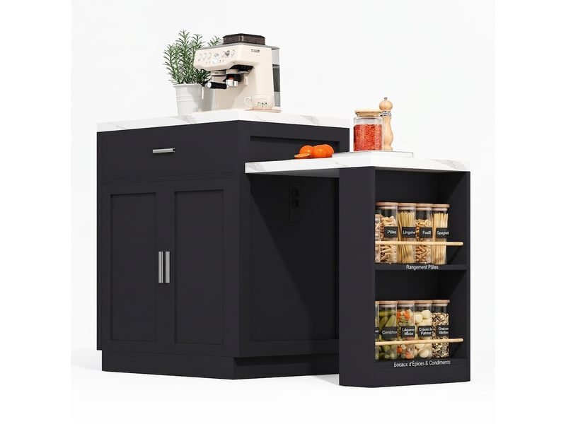  Îlot de cuisine avec table extensible, noir effet marbre, 211cm  - Conforama A