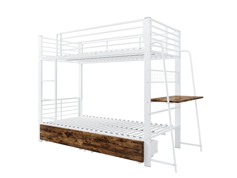  Lit superposé 90x200cm - lit double en métal avec bureau, éclairage led, tiroirs de rangement et barrière - blanc  - Conforama C