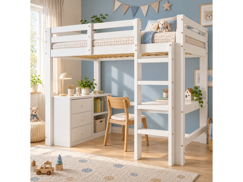 Lit mezzanine enfant 90 x 200 cm avec bureau, meuble à tiroirs, étagère et échelle 4 marches, gain de place, blanc - Conforama E