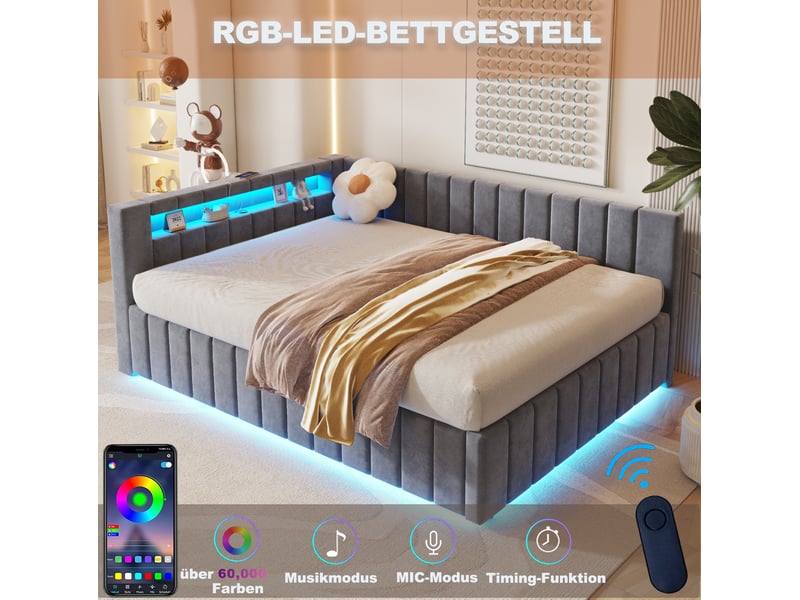 Lit double 140x200 cm coffre hydraulique, led usb, tête de lit velours, cadre à lattes, mdf, gris sans matelas - Conforama E