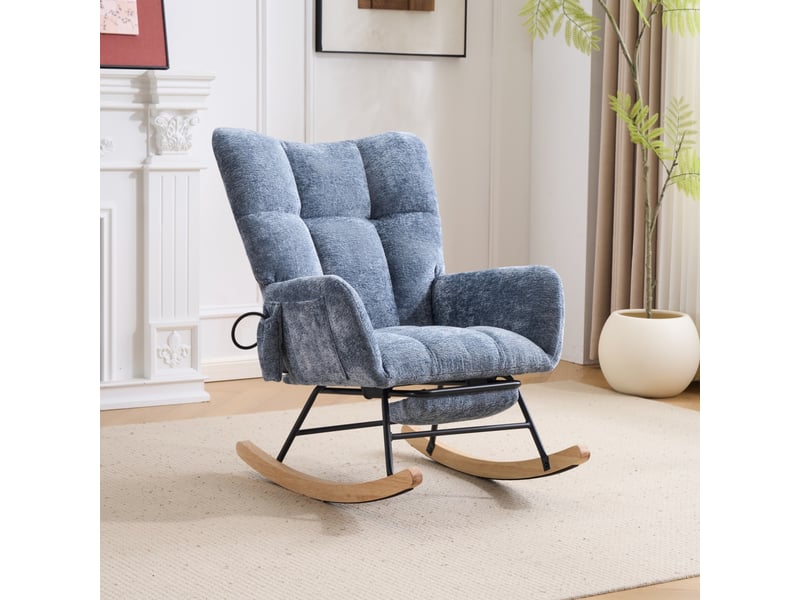  Fauteuil à bascule en chenille bleu avec repose-jambes intégré et rangement latéral  - Conforama C