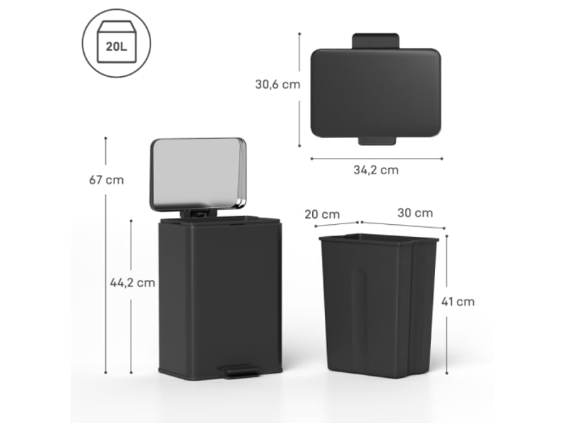  Poubelle à pédale 20 l noire mate, couvercle soft-close, bac intérieur amovible, 34,2x30,6x44,2 cm  - Conforama C