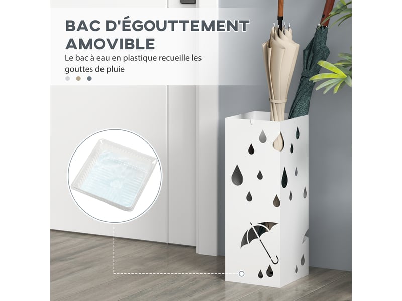  Porte-parapluie support à parapluie carré en acier avec 4 crochets et bac de récupération amovible d'eau blanc  - Conforama E