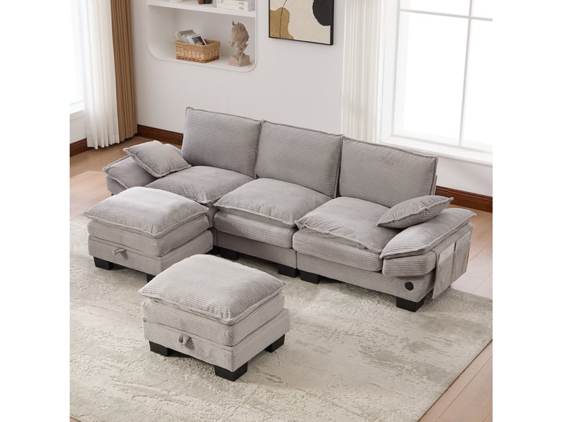  Canapé modulaire 3 places en velours côtelé gris clair avec 2 poufs, port usb-c et poches latérales  - Conforama D