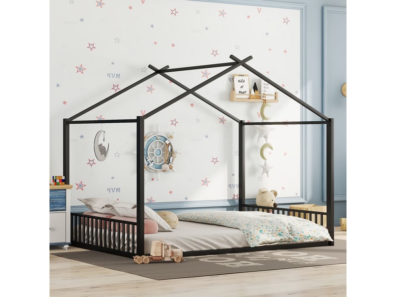  Lit plat 140*200cm, structure métallique, lit enfant, barrière maison, design simple et moderne, noir  - Conforama E