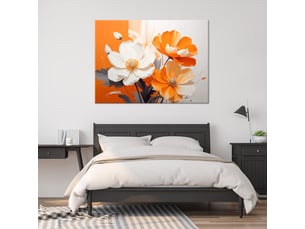 Tableau moderne, fleurs blanches et orange sur un fond orange vif 30x20