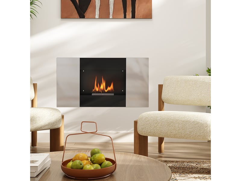  Cheminée murale à bioéthanol 0,9 l en acier inoxydable, 100 x 15 x 54 cm, noir et argent  - Conforama B