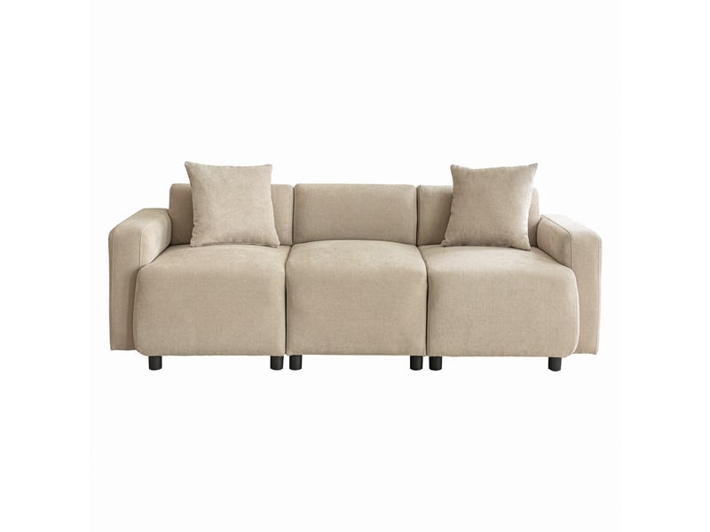  Canapé 3 places 211 cm avec 2 coussins, assise large et accoudoirs arrondis - revêtement chenille - beige  - Conforama A