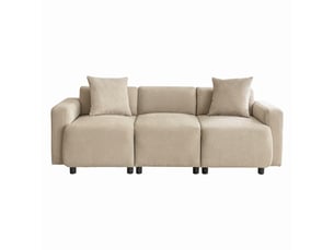 Canapé 3 places 211 cm avec 2 coussins, assise large et accoudoirs arrondis - revêtement chenille - beige