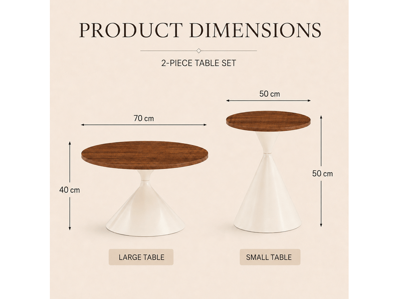 Lot de 2 tables basses rondes en mdf mélaminé bois foncé, pieds acier carbone crème, 70 cm et 50 cm, design moderne - Conforama C