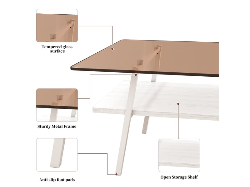  Table basse rectangulaire en verre trempé avec étagère mdf - lpospi - pieds métal blancs verre brun 98 × 58 × 42,5 cm  - Conforama E