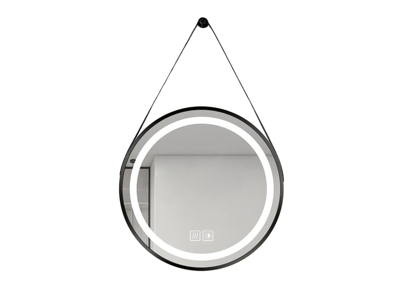 Miroir led rond 50 cm sangle noire cadre métal éclairage réglable commande tactile antibuée pour salle de bain - Conforama A