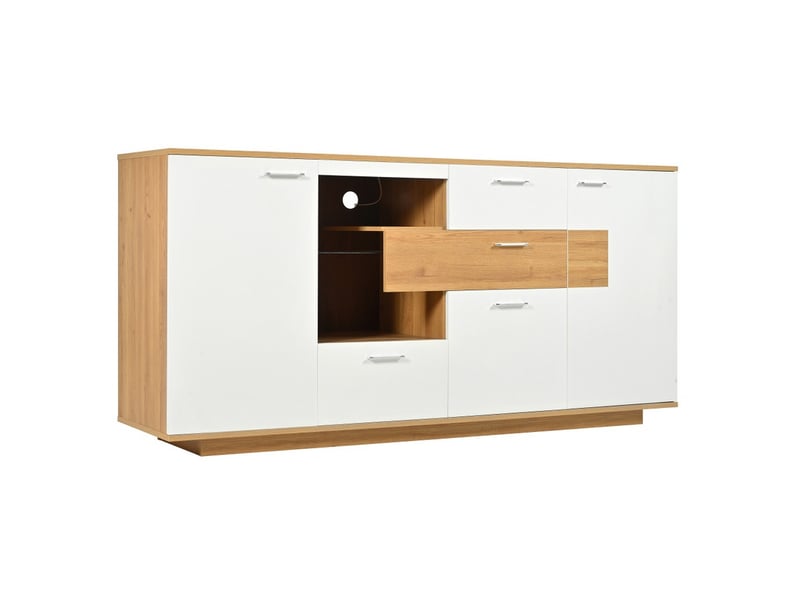 Buffet moderne, meuble de rangement, armoire avec 2 portes, 4 tiroirs et étagère en verre, aspect bois, pour cuisine, salle à manger et salon - Conforama A