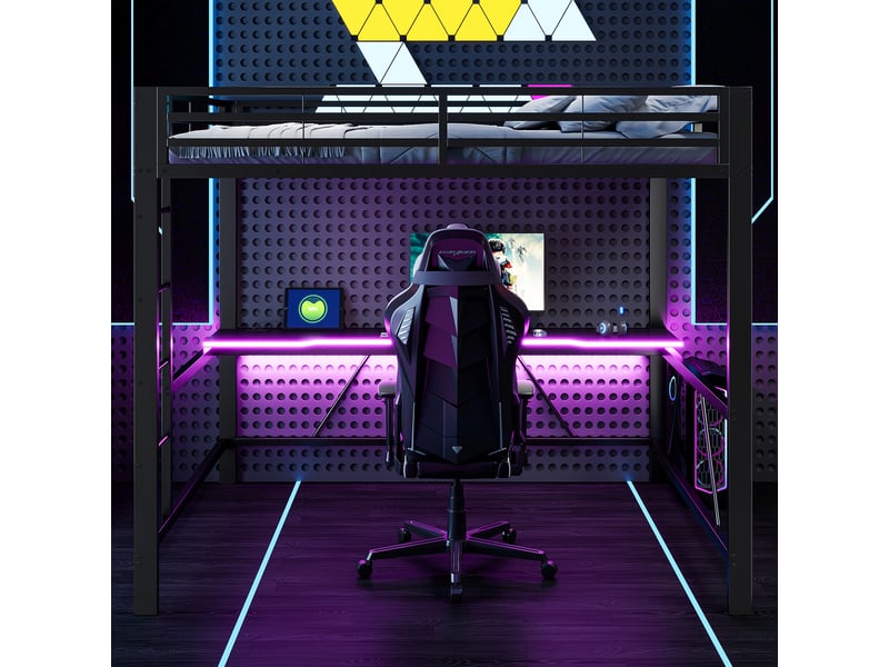  Lit mezzanine double 160×200 cm bureau, led et usb  - sans matelas, métal et mdf noir  - Conforama C