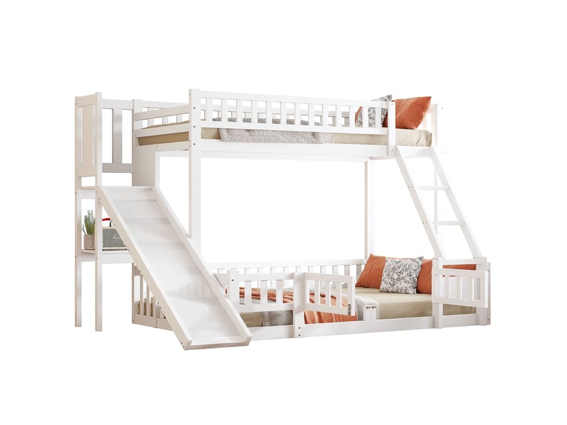  Lit superposé enfant 140×200 et 90×200 cm, toboggan et étagères  - sans matelas, pin et mdf - blanc  - Conforama A