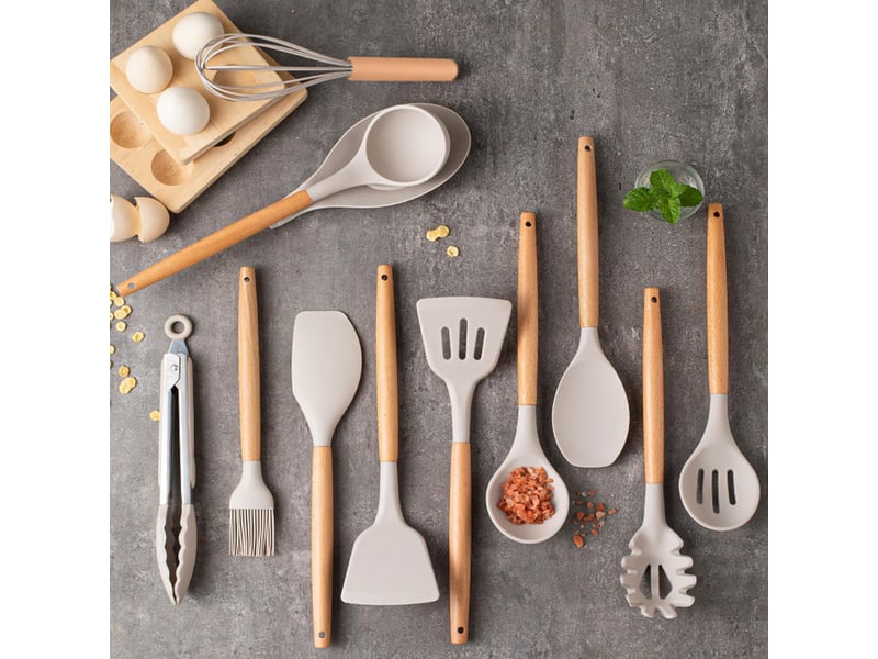  Set de 12 ustensiles de cuisine en silicone et bois kaki avec support chicfurn  - Conforama B