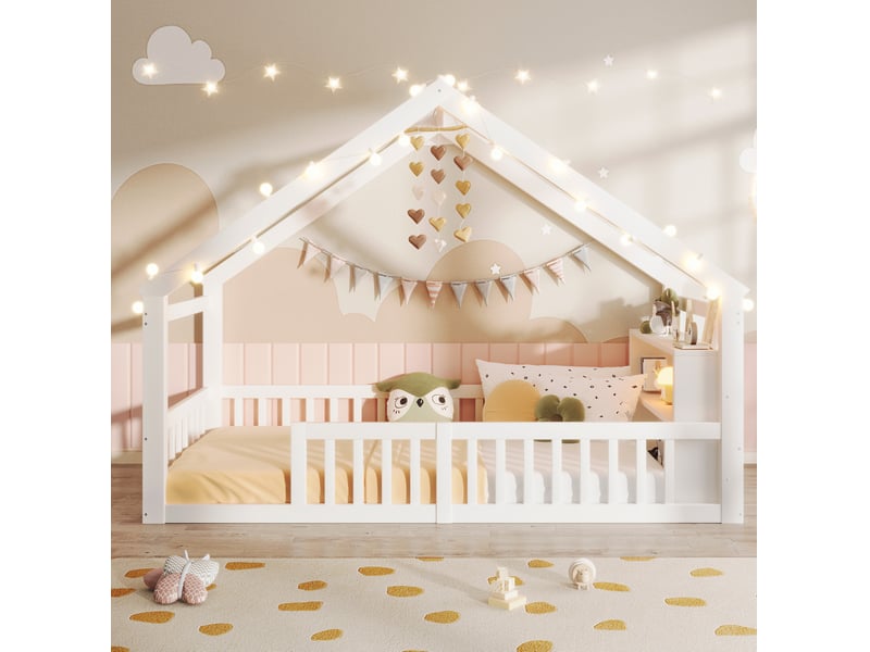 Lit enfant 90 x 190 cm maison avec led, étagères et barrières de sécurité, blanc - Conforama D