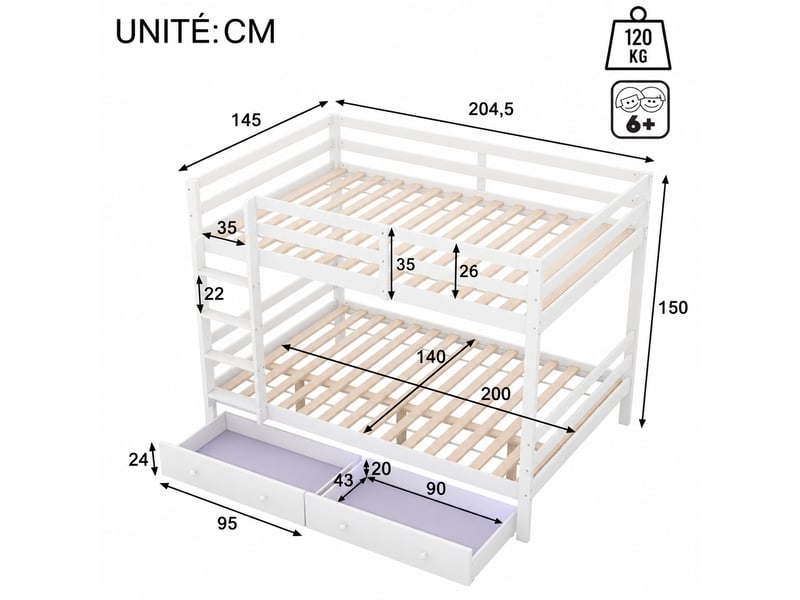 Lit superposé enfant 140 x 200 cm avec tiroirs amovibles, structure en pin et mdf, blanc pour chambre partagée - Conforama C