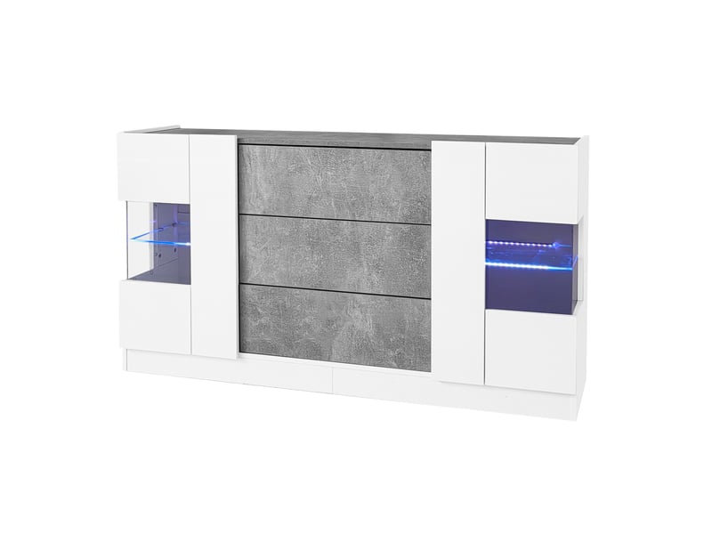  Buffet moderne 2 portes et 3 tiroirs, blanc brillant et effet marbre gris, 140x35x75 cm, led 16 couleurs  - Conforama E