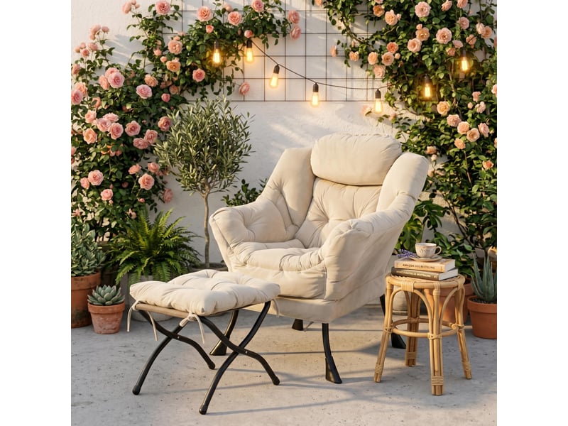  Fauteuil lounge avec repose-pieds 72x62x96cm – fauteuil relax de salon avec poche latérale et structure en métal – tissu velours - beige  - Conforama D