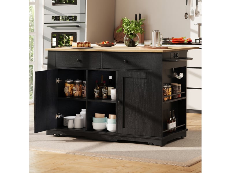  Îlot de cuisine 151.5x84.7x91.7 cm avec prises mdf métal noir et naturel  - Conforama E