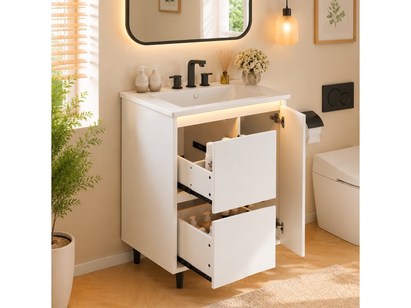  Meuble de salle de bain - 61x46,5x87 cm - meuble sous vasque avec vasque céramique, 2 tiroirs, 1 porte, led - blanc  - Conforama B