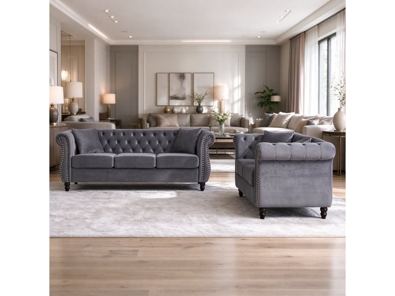  Canapé droit chesterfield en velours, capitonnage à boutons, clous argentés, bras recourbés, 5 places soit un canapé 3 places et un canapé 2 places, gris  - Conforama D