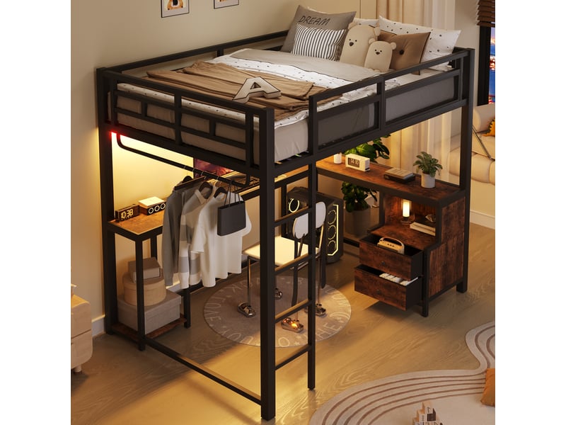  Lit mezzanine 140x200 cm avec éclairage led et ports usb et usb-c en métal, bois, noir  - Conforama D
