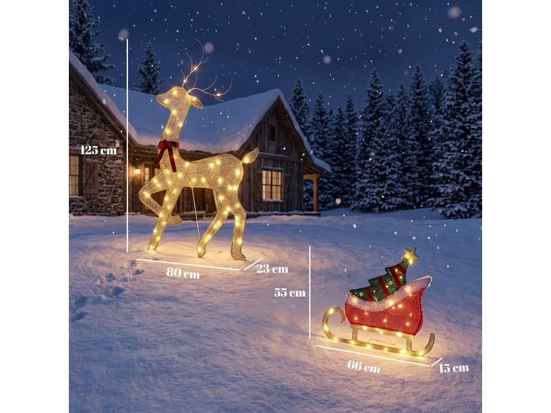  Renne et traîneau lumineux, décoration de noël extérieure, 95 led blanc chaud, 8 modes, minuterie quotidienne  - Conforama E