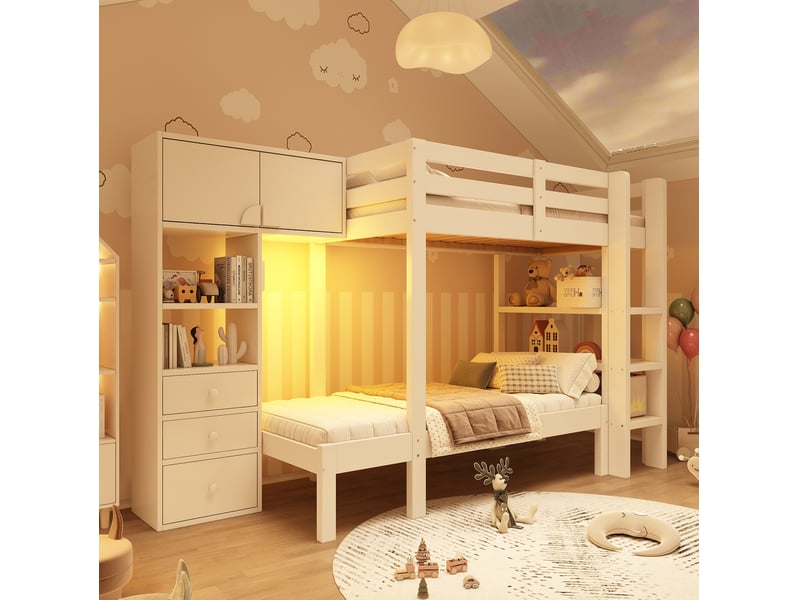  Lit superposé décalé 90x200 cm avec rangements, tiroirs et veilleuse led, blanc  - Conforama E