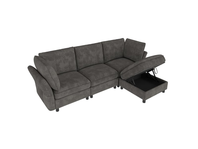 Canapé d'angle modulaire 4 places 225x137 cm – gris – pouf coffre, assise moelleuse en chenille, douce - Conforama D