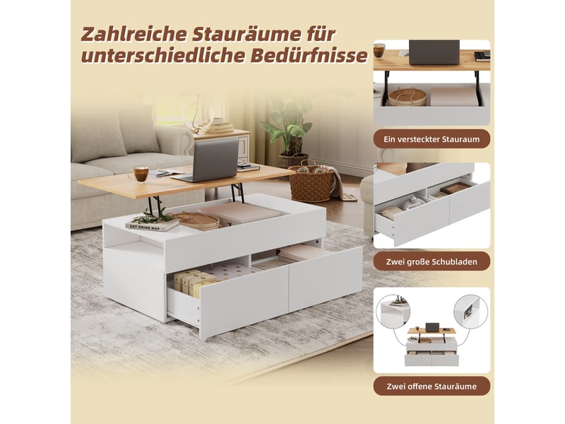  Table basse relevable avec 2 tiroirs et rangement pour salon 100×50×40 cm en panneaux de particules blanc et bois  - Conforama C