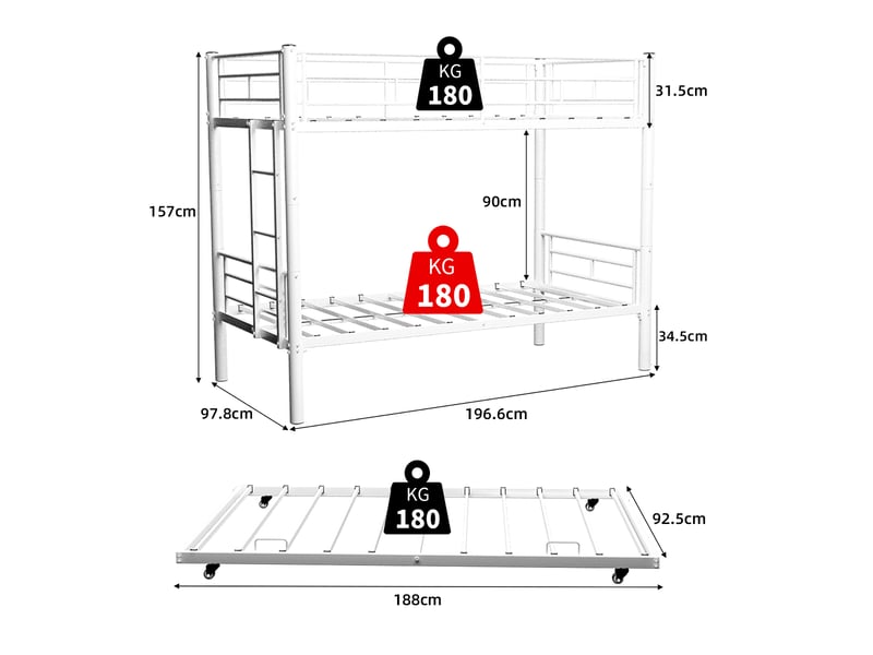  Lit superposé 3 places - 2x90x190cm + lit gigogne 90x180cm - métal blanc - sécurité renforcée  - Conforama E