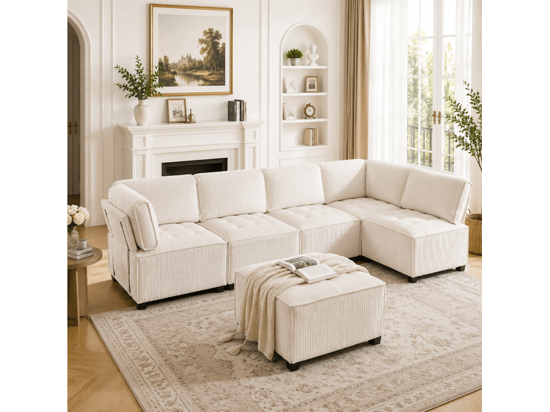  Canapé modulaire 6 places 308x154x81,99 cm poches latérales velours côtelé beige  - Conforama B