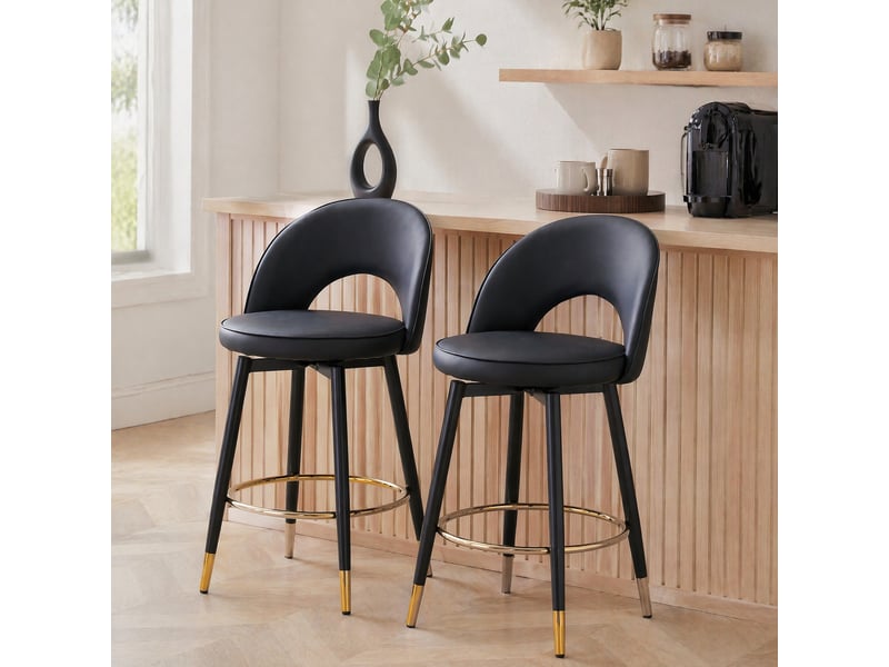 Tabouret de bar pivotant 360 degrés avec dossier ajouré et structure métallique, style moderne, en pu noir - Conforama C